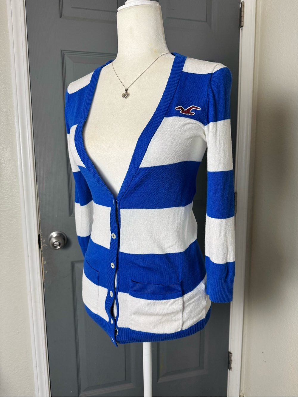 Vintage Hollister Blue White Bold Stripe V-Neck Button Front Cardigan Y2K Preppy